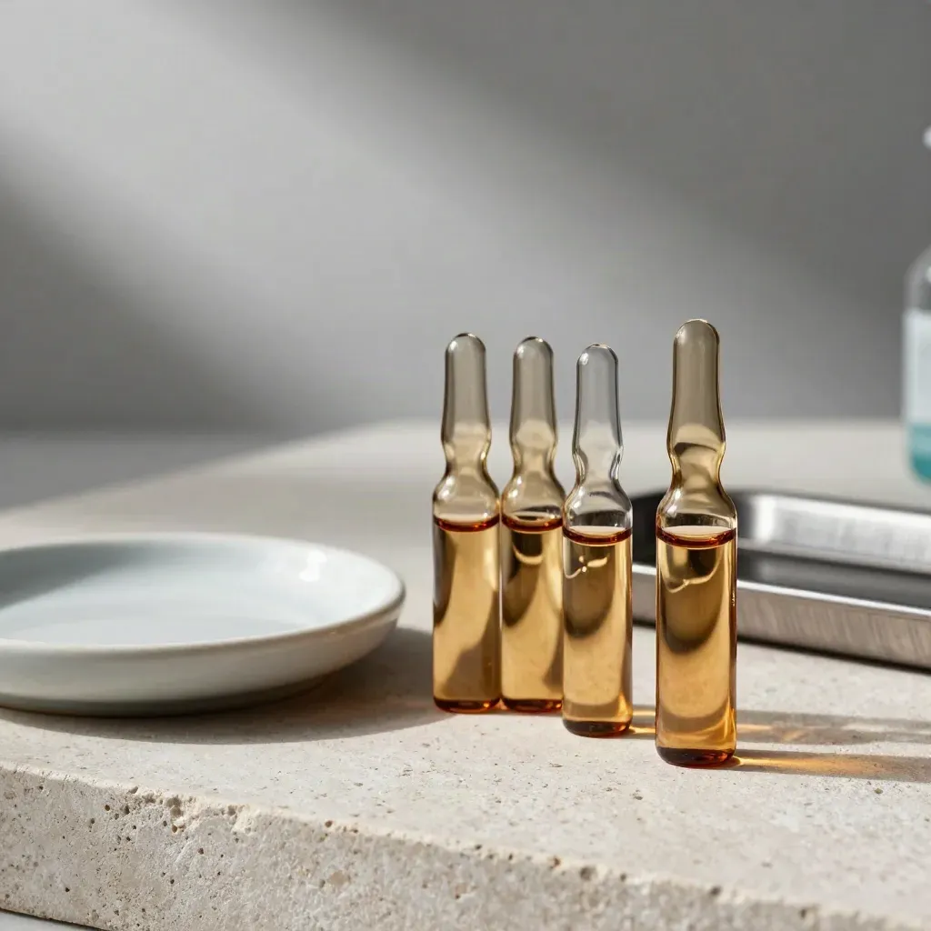 Amber sample vials, ceramic dish, and instrument tray on pale stone with dramatic light