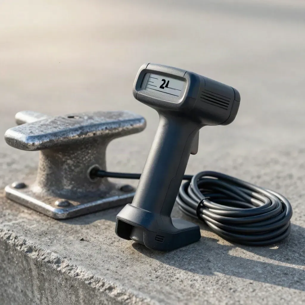 Warehouse scanner, dock cleat and tether on brushed concrete, shot in macro detail