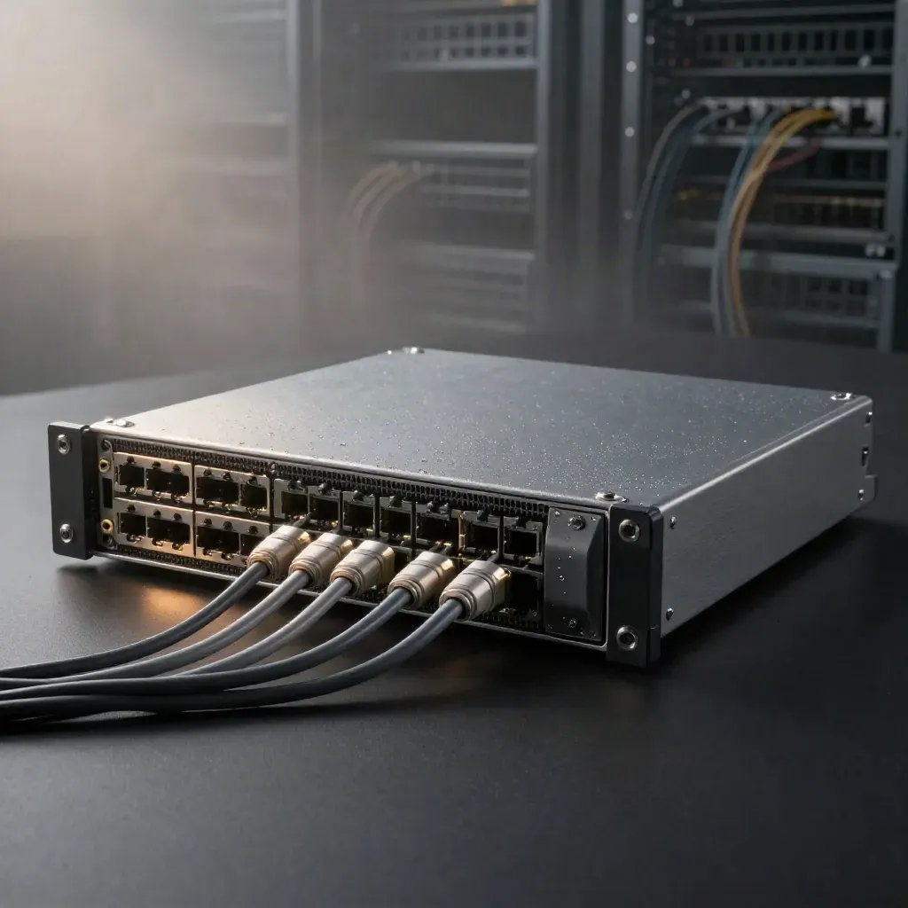 Brushed-aluminium server core with patch leads and transceivers on a dark studio surface.