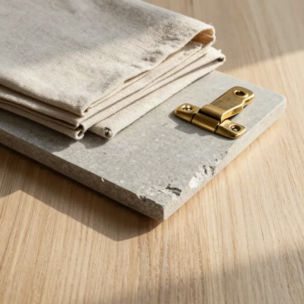 Stone samples, linen swatches, and a brass hinge on pale oak in soft overhead light.