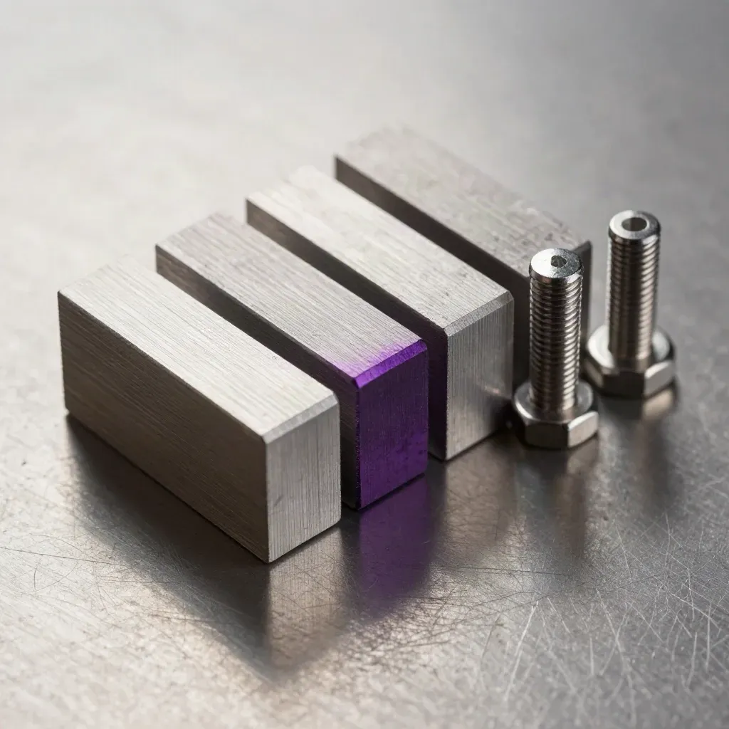 Milled aluminium blocks, gauge pins, and hex fasteners aligned on brushed metal.