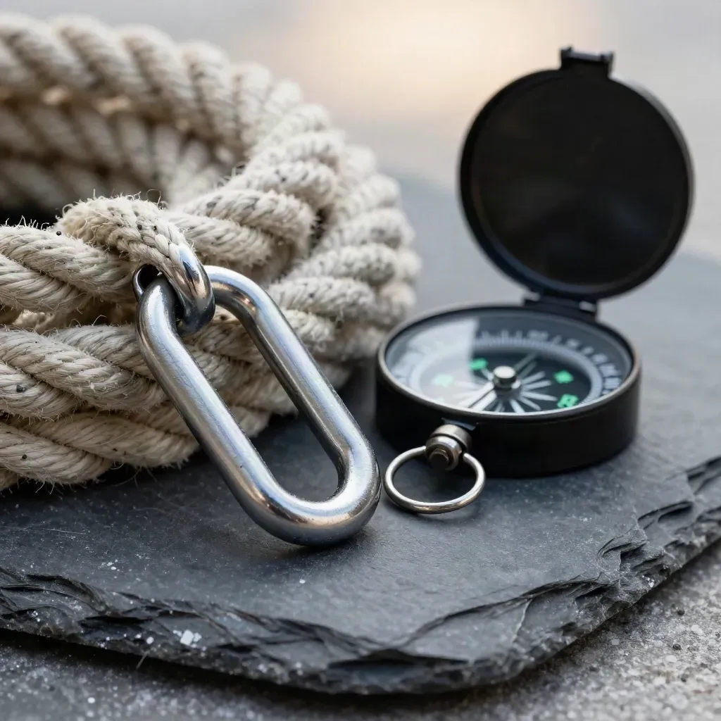 Macro still life of marine rope, stainless shackle and compass case on slate