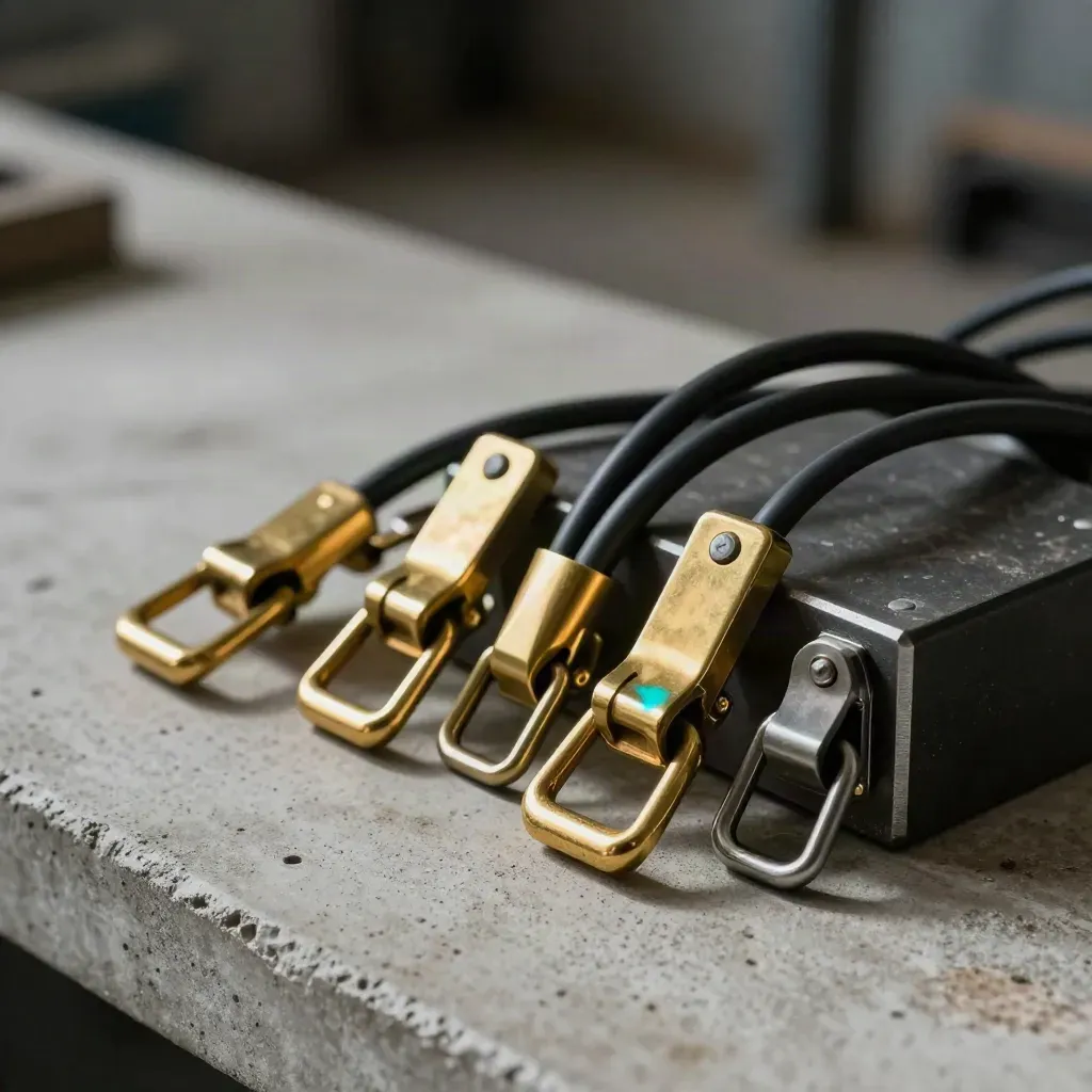 Brass rack latches, cable wraps, and a dark utility block on concrete with industrial haze.