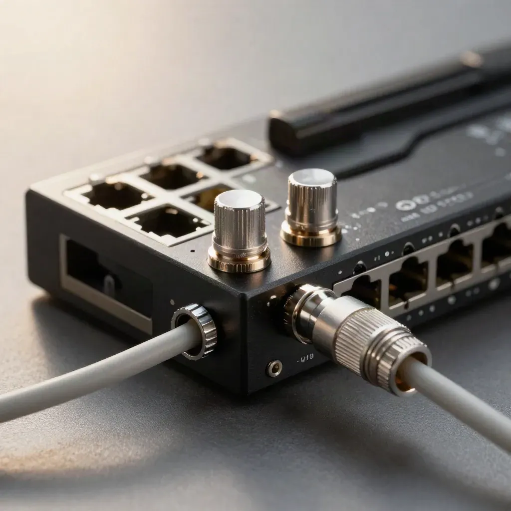 Macro of a rack status module with patch plugs and a cable comb on a graphite bench.