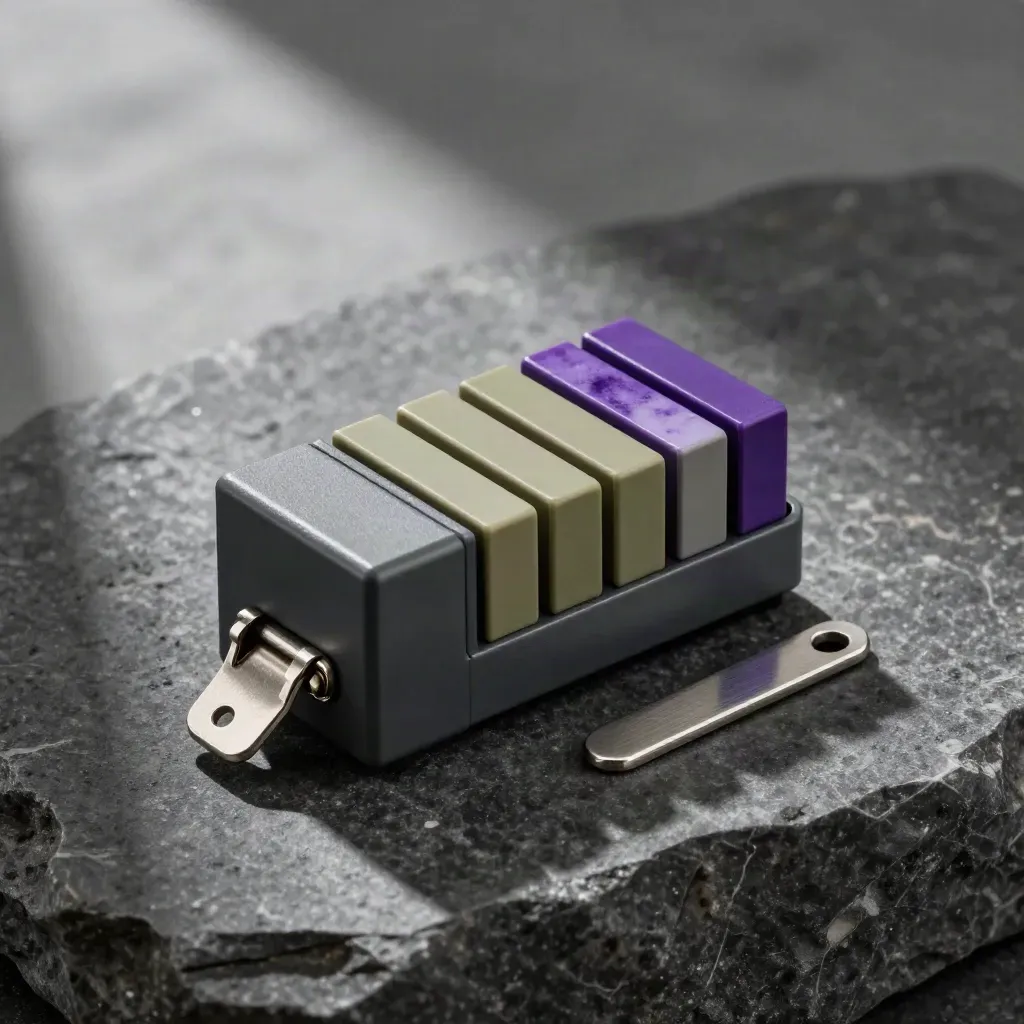 DIN-rail relay timer with cable markers and reset key on dark stone, lit dramatically.
