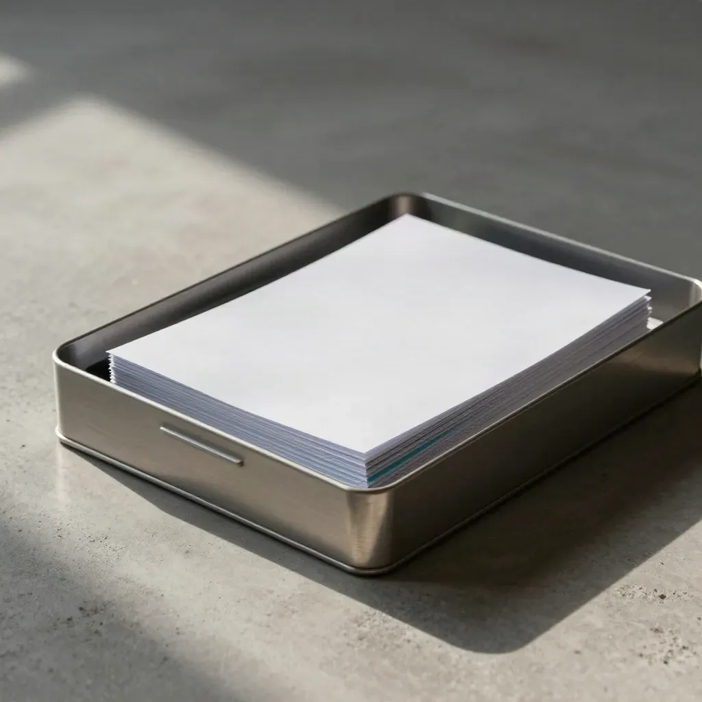 Metal document tray with clipped report packets on pale concrete, dramatic studio light.