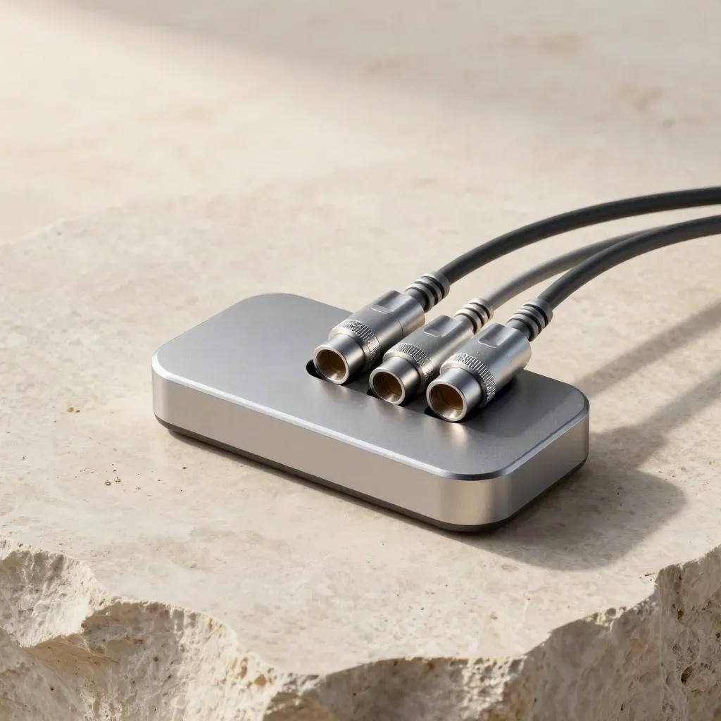 Docking hub with cable spurs and adapters on pale limestone, top-down editorial still life