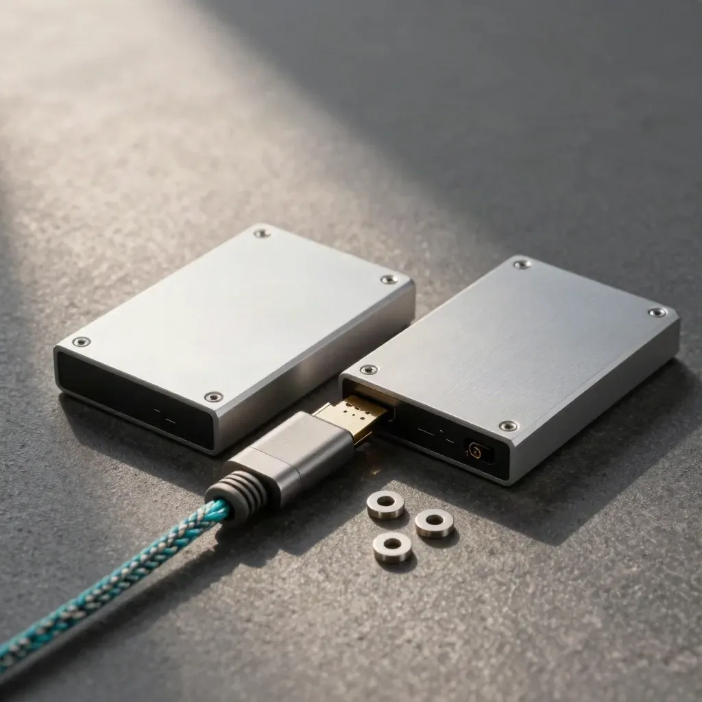 Two mirrored SSDs bridged by a braided data lead on a graphite surface.