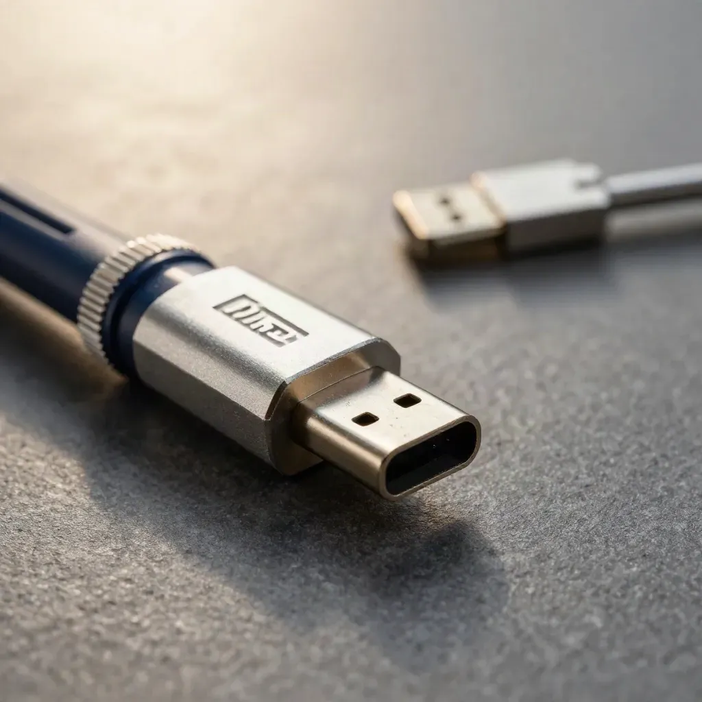 USB-C couplers and a spring clip bridged on matte graphite in close macro.