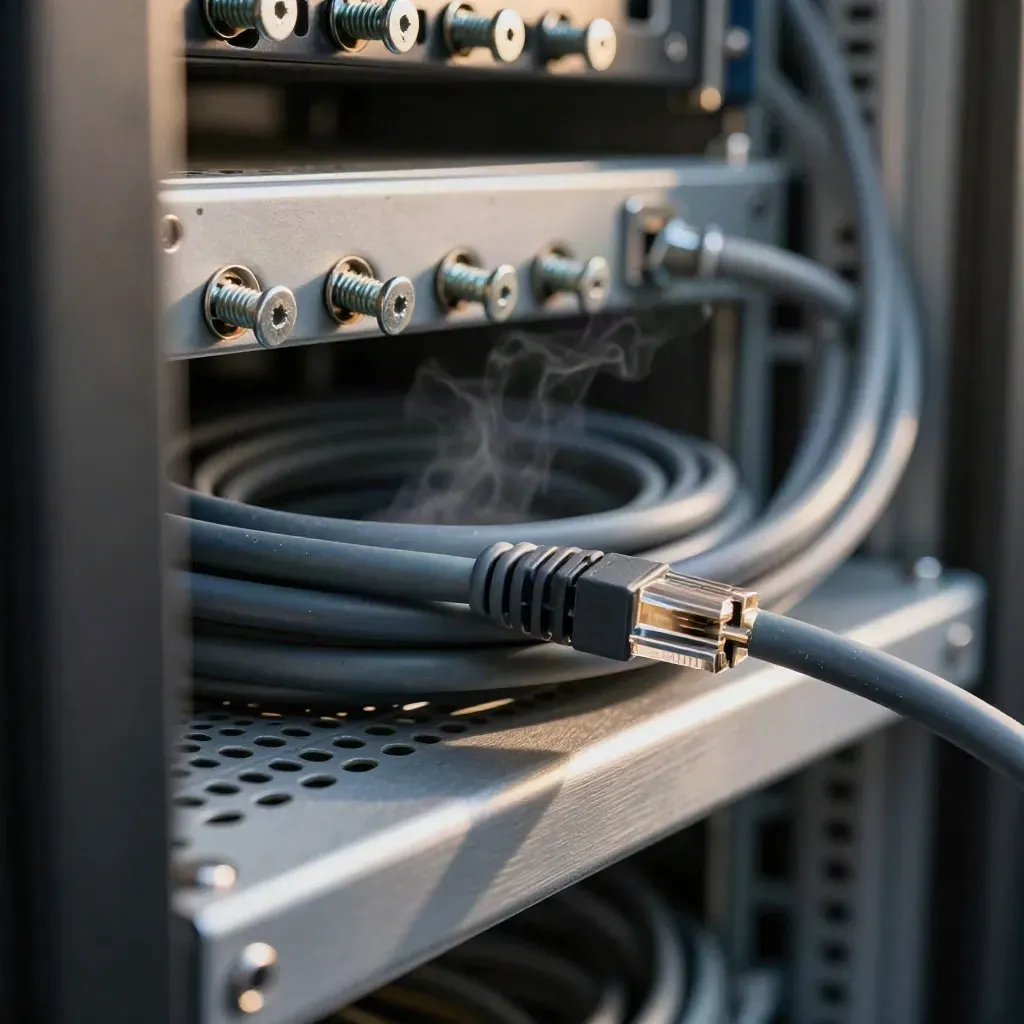 Server rack close-up with screws, cable combs and a settling Ethernet coil behind a dark door edge.