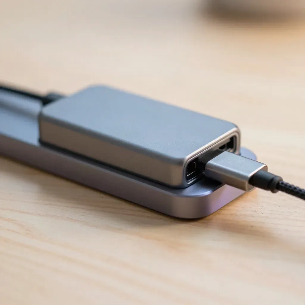 Macro still life of a shared charging dock, two SSD cases and a braided USB cable on pale wood.