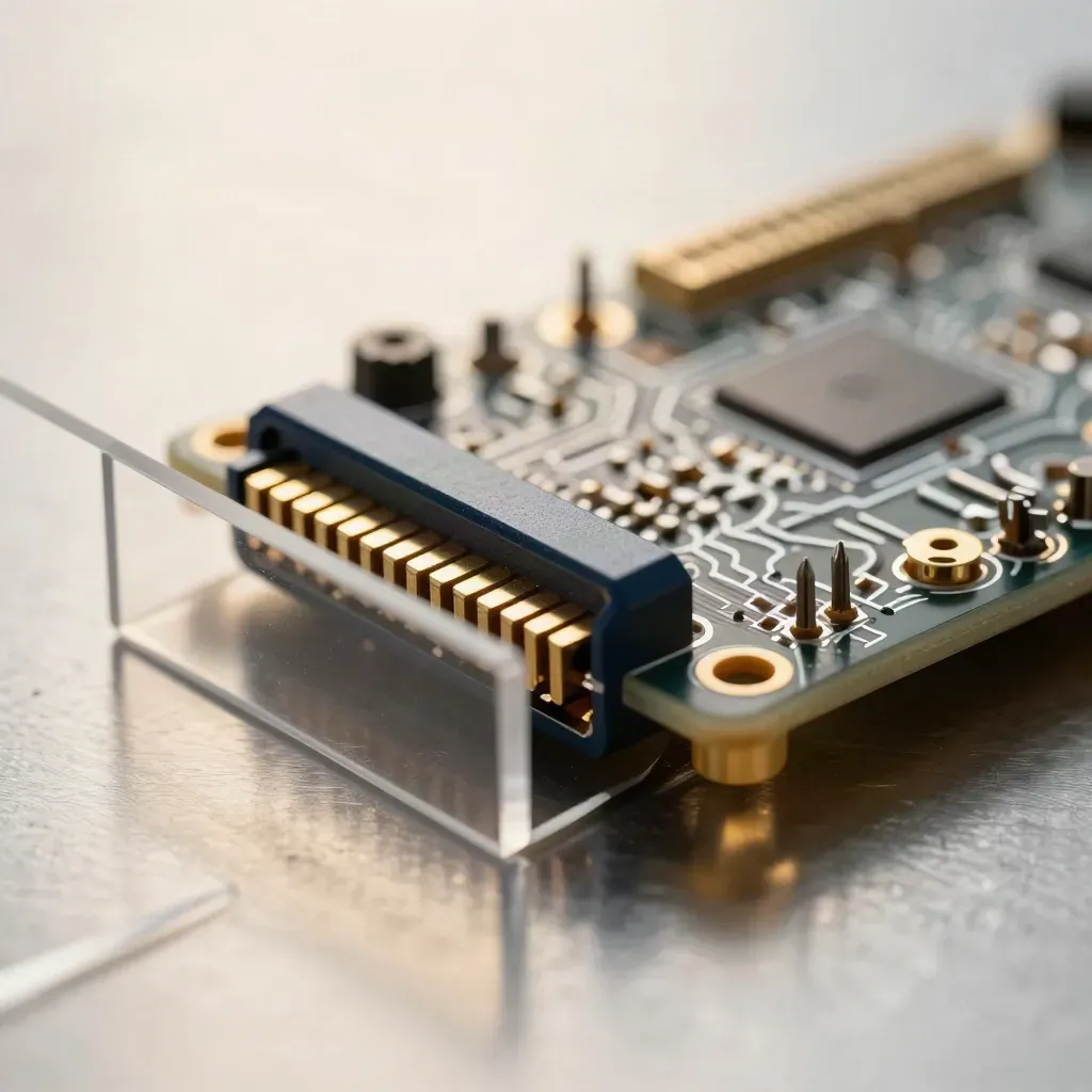 Macro still life of connector board, pogo-pin fixture, and driver bits on brushed metal.