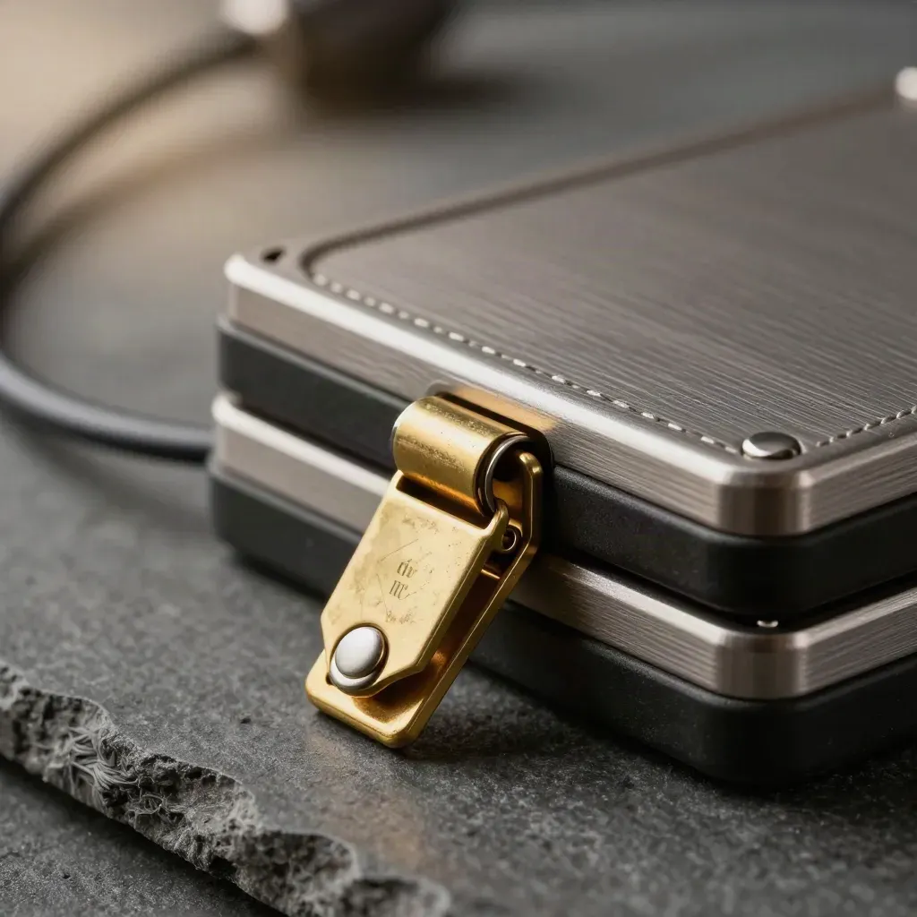 Macro of cable looms, drive cases and a brass latch on dark stone.