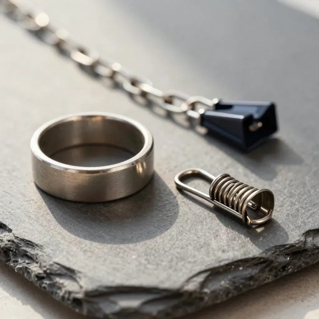 Brushed-metal rings and cable couplers on slate in a precise diagonal macro still life.