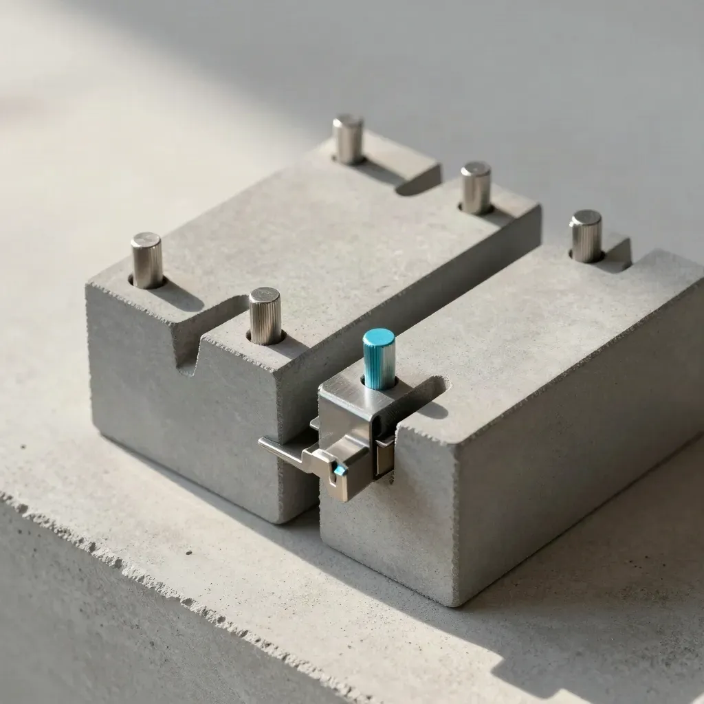 Graphite blocks, alignment pins, and a dovetail clamp on pale concrete in raking light.
