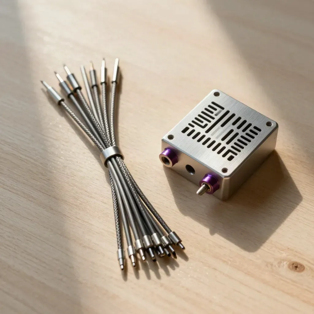 Top-down still life of sensor probes and a vented module on pale ash wood with soft daylight