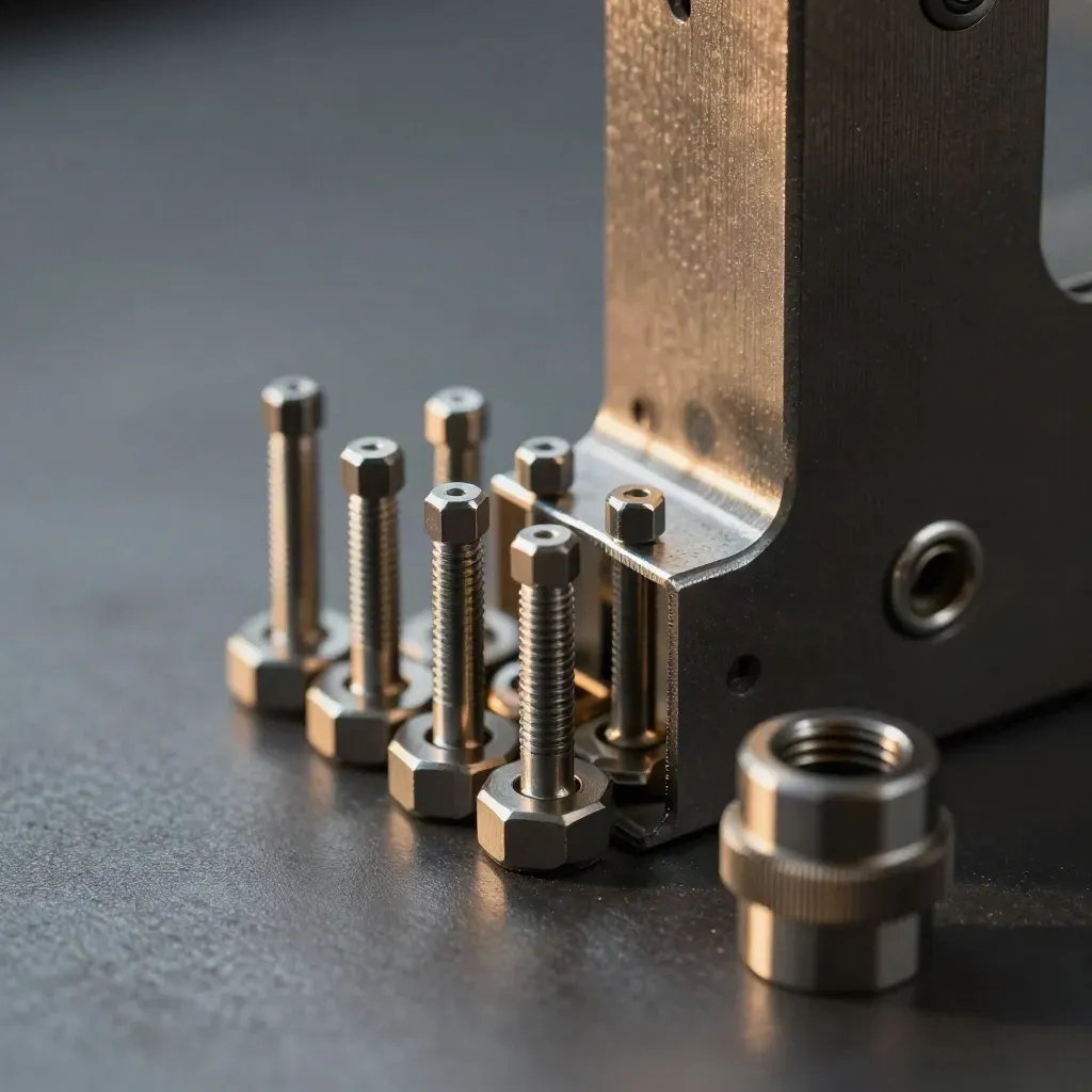 Precision metal brackets and hex standoffs on brushed steel, lit dramatically with cool haze.