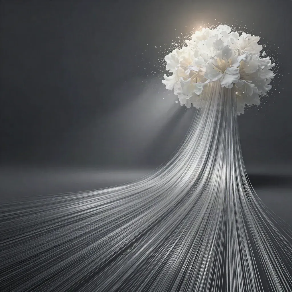 Silver filaments converge into a soft white bloom in dark graphite space.